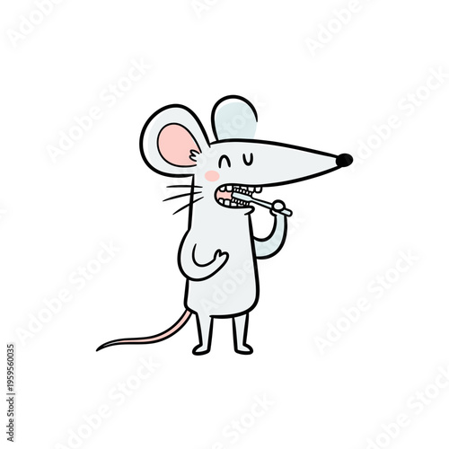 Cartoon mouse brushing teeth with a toothbrush standing happily  