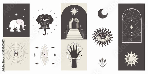 Mystical and celestial themed illustrations in a vertical rectangular arrangement