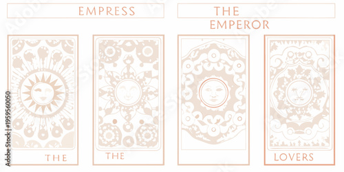 Four tarot cards featuring suns moons and floral designs in pale tones
