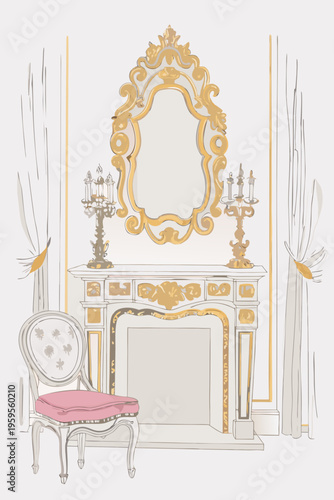 Elegant baroque style room featuring a gilded mirror and ornate furniture