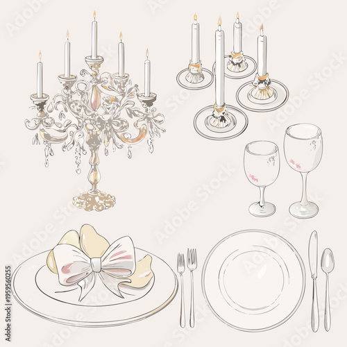 Elegant table setting with candelabras glassware and a decorative plate