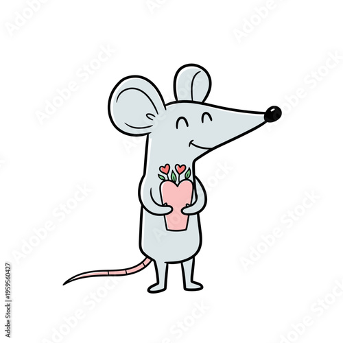 Cute cartoon mouse holding a heart-shaped vase with flowers