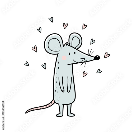 Cute cartoon mouse with hearts around in playful style  