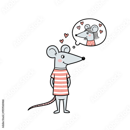 Cartoon mouse thinking about love with hearts in thought bubble  