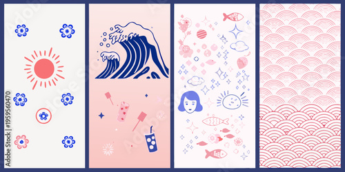Fotografie A series of four vertically oriented stylized japanese inspired panels
