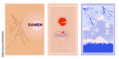 Three japanese themed illustrations featuring ramen food and mount fuji