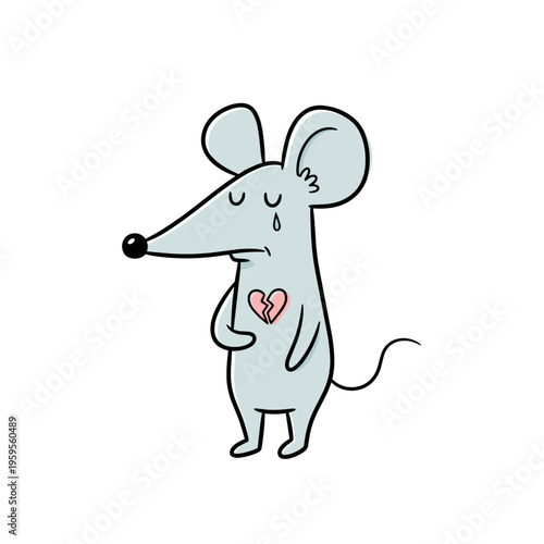 Cartoon mouse with a broken heart, feeling sad and lonely  