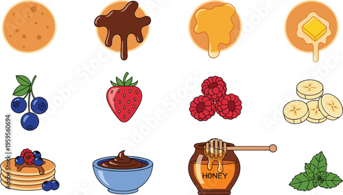 Large Collection of Top View Breakfast Vector Illustrations Featuring Pancakes with Butter Honey and Chocolate Syrup Plus Assorted Fruit Toppings and Belgian Waffles