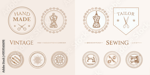 Vintage sewing and tailoring emblems with hand made illustrations
