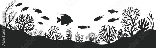 Underwater ocean scene silhouette vector, coral reef fish, marine life aquatic nature design