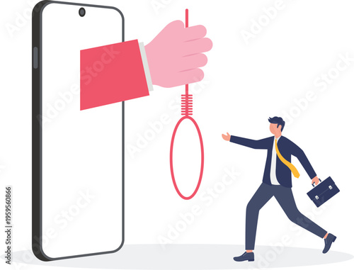 Businessman running towards a giant hand offering a noose trap
