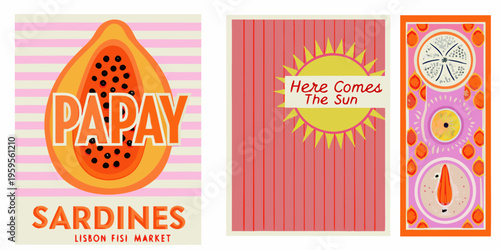 Retro style illustrations of papaya sun and sardines with vibrant colors