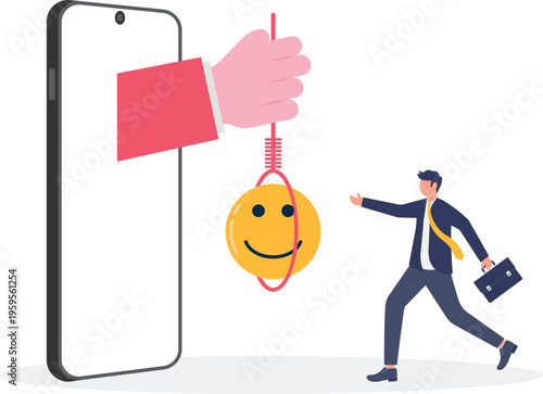 Professional man reaching for a happy face on a noose from phone