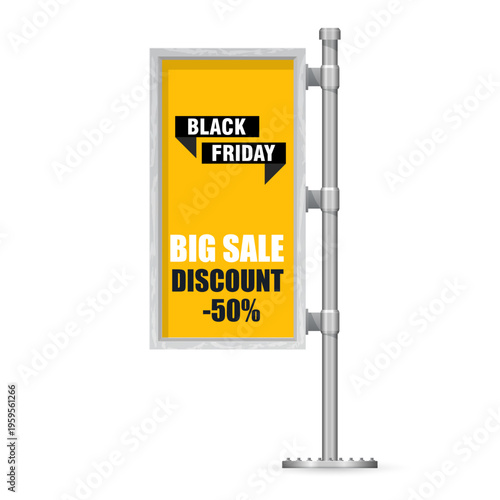 Yellow Black Friday advertisement on a street sign pole offering 50 discount for a big sale event and promotion.