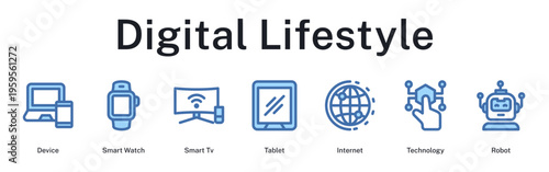 Digital lifestyle embracing modern devices, wearables, smart entertainment, connectivity, and emerging robotics technology.
