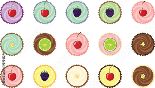 Large Collection of Stylized Cupcake Vector Illustrations Featuring Assorted Frosting Flavors Berries and Toppings in Front and Top View for Bakery Design