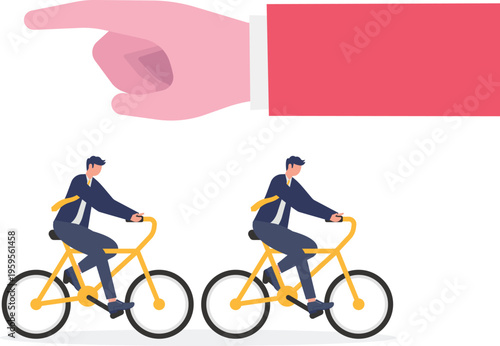 Giant hand pointing at two businessmen riding bicycles