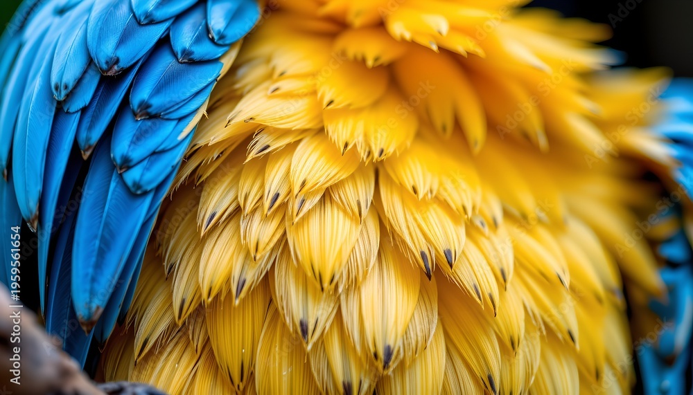 Obraz premium The image features a close up of a bird with vibrant plumage, showcasing a striking combination of bright yellow and deep blue feathers