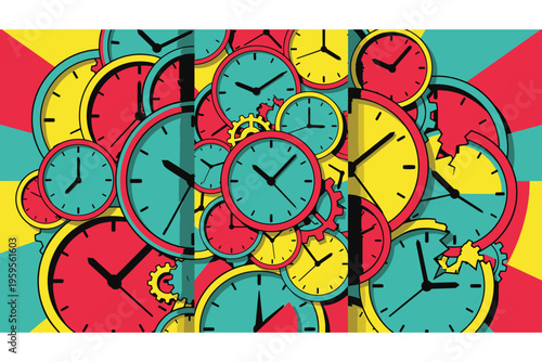 Colorful Clocks in Pop Art Style.