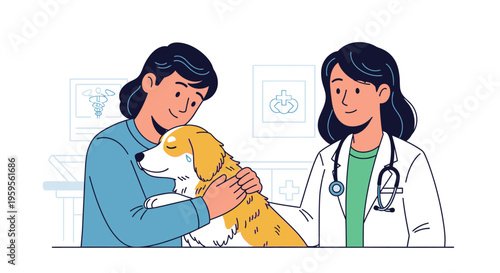 Female veterinarian and owner comforting sick dog in clinic