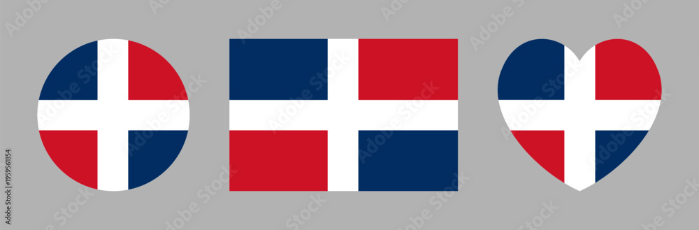 Naklejka premium Civil round, heart shaped, rectangular flag of Dominican Republic badge, sticker. Dominican Republic flag heart, circle, rectangle icon, button. Banner, background flag of Dominican Republic set.
