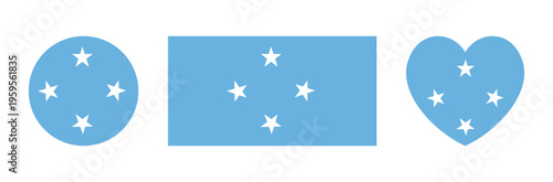 Federated States of Micronesia flag in heart, rectangle, circle shapes sticker, badge. Set of National Micronesia flag heart shaped, round, rectangular icon, button. Country flag rounded symbol.