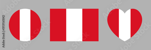 Civil rectangular, round, heart shaped icon, sticker flags of Peru. Set of Peru flag heart, circle, rectangle ensign, button, badge. Flag of Peru background, banner.