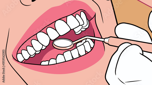 Dental check-up taking place at a clinic with a patient having teeth examined by a dental professional using tools