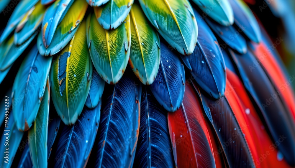 Obraz premium The image showcases a vibrant collection of feathers arranged in overlapping layers