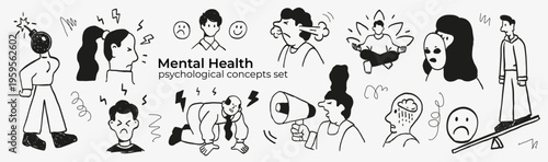 Mental health doodle set with emotions, stress, anxiety, fear, anger, burnout, depression and self care scenes. Сharacters expressing feelings, therapy, mindfulness and emotional balance concepts.