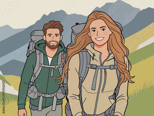 Couple with backpacks hiking in the mountains during the day with green grass and rocky paths around them