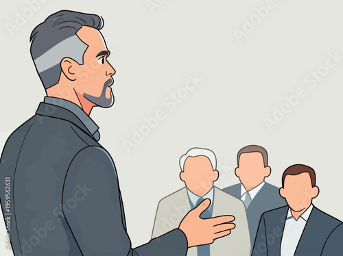 Business meeting taking place with a speaker addressing a group in a conference room during daytime