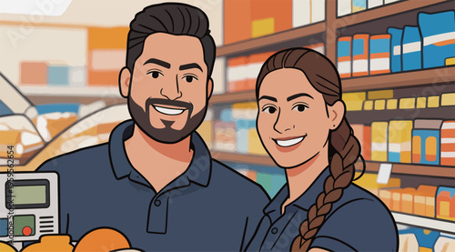 Two store workers smile in a grocery store while standing near shelves filled with products in the afternoon