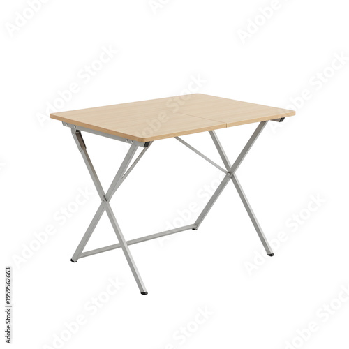 Portable modern wooden desk with metal folding legs perfect for home office or outdoor use on transparent background