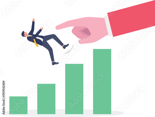 Giant hand pushing a businessman off a growth graph cliff