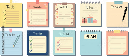 To do list notes collection with planners checklists sticky notes and reminders productivity organization vector illustration stationery set isolated