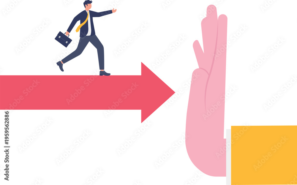 Obraz premium Businessman walking on a red arrow towards a stopping hand