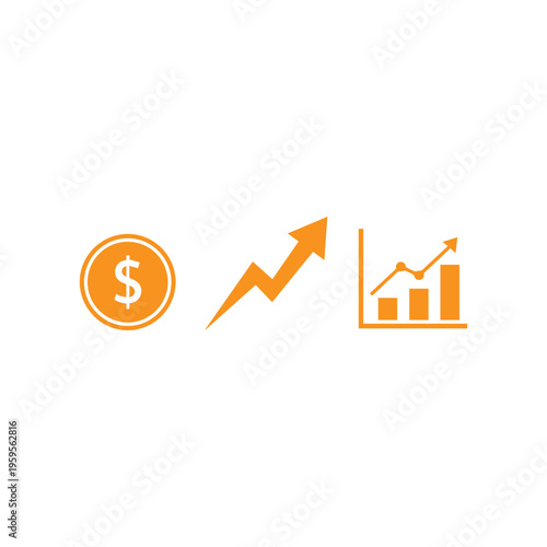 Orange graphics illustrating monetary value, sharp acceleration with an arrow, and a progressive column diagram for metrics.