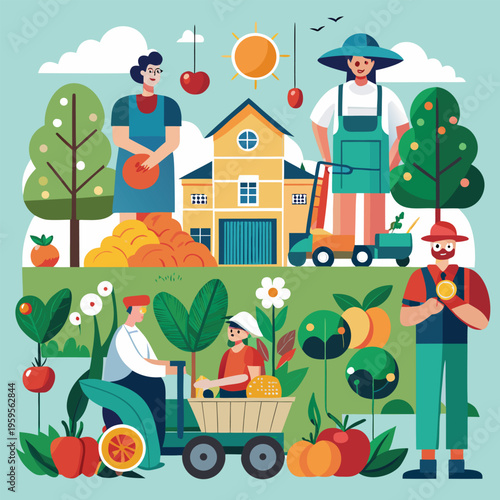 Farmers, gardening, agriculture, rural life, colorful vector illustration