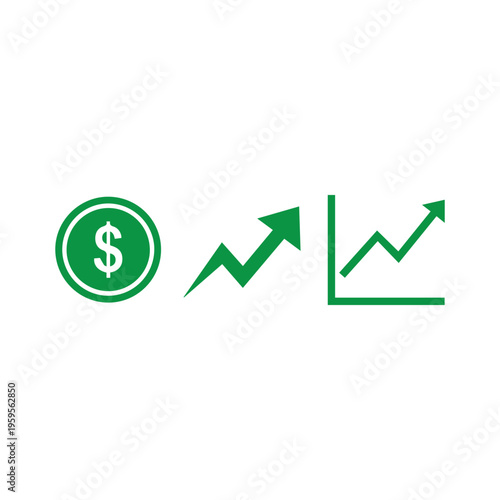 Green set of financial icons displaying a dollar coin, a rising lightning bolt line, and an increasing bar histogram graphic.