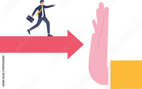 Businessman walking on a red arrow towards a stopping hand
