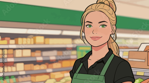 Young woman stands in grocery store with shelves of products behind her while she serves customers on a busy day