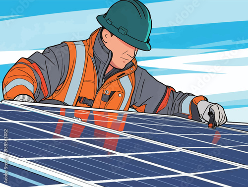 Worker installs solar panels on a rooftop under a clear blue sky during the daytime