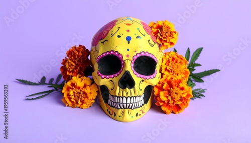 Decorated Sugar Skull with Marigolds for Day of the Dead Celebration.