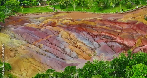 Aerial view of seven coloured earths on island Mauritius. Tourist attraction on island Mauritius