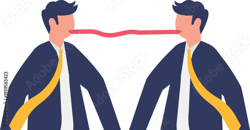 Two professionals pulling a rope from their ears to communicate