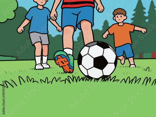 Children play soccer on a grassy field near trees during a bright and sunny afternoon with friends enjoying the game together