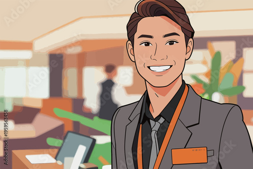 Friendly hotel staff member smiles during a busy afternoon shift at a reception area in a modern hotel