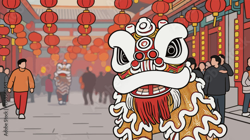 People watch a lion dance performance during a festival in a decorated street with red lanterns in the background