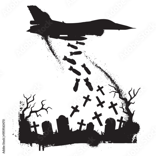 Fighter Jet Dropping Bombs Silhouette Illustration.